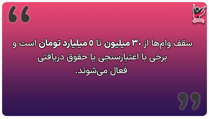سقف وام‌ها از ۳۰ میلیون تا ۵ میلیارد تومان است و برخی با اعتبارسنجی یا حقوق دریافتی فعال می‌شوند.